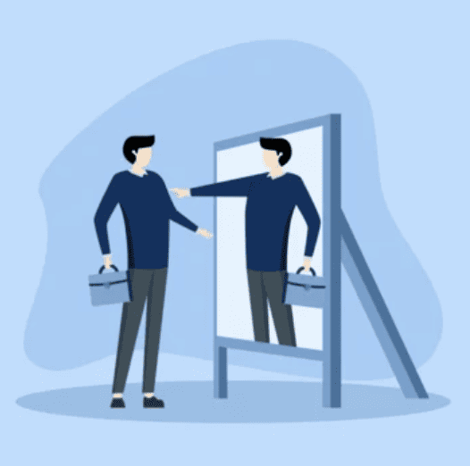 Cartoon man looking at mirror boosting his self-esteem up